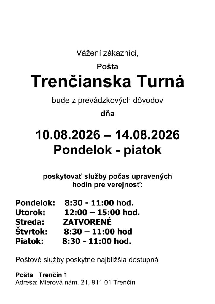 Pošta Tr. Turná - upravené otváracie hodiny