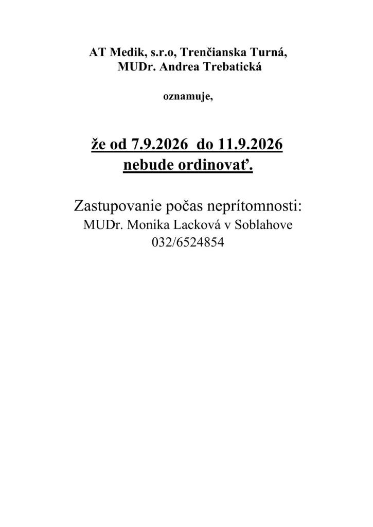 Dovolenka v&nbsp;ambulancii MUDr. Andrey Trebatickej