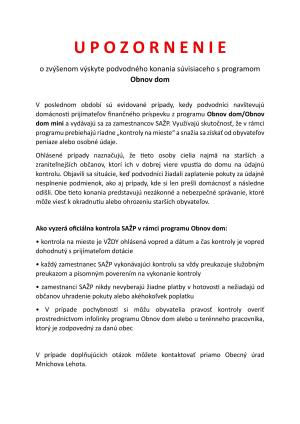 Upozornenie občanov o zvýšenom výskyte podvodného konania súvisiaceho s programom Obnov dom