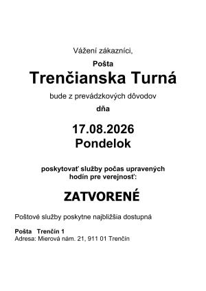 Pošta Trenč. Turná zatvorená